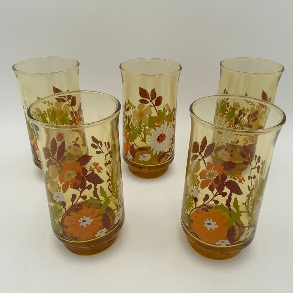 Set of 5 Vintage Libbey Daisy Amber Floral 10oz Glasses 5¼" Tall 1970's - Picture 3 of 6
